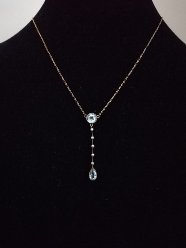 Edwardian c1910 line pendant in 9ct gold with aquamarines and seed pearls - lovely!