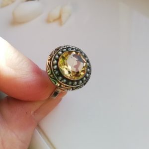 Victorian silver gilt large sparkly citrine and halo of pearls ring UK size N / US 6.5