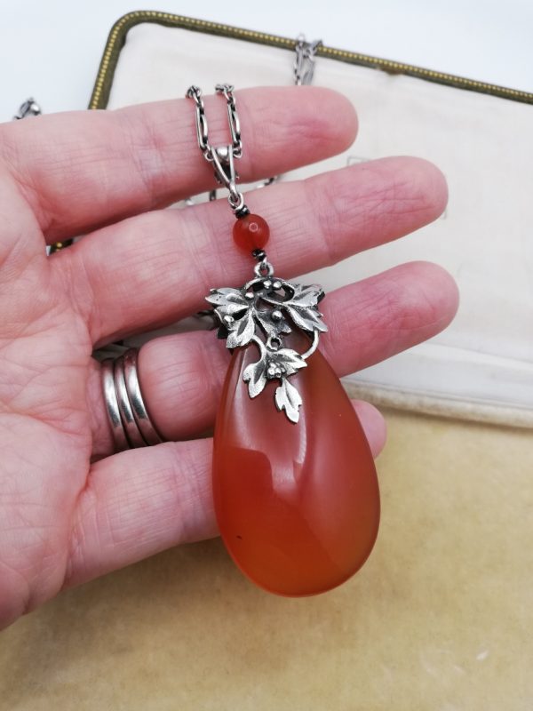Amy Sandheim c1930 Beautiful Arts and Crafts foliate pendant with carnelian-original chain with toggle fastener