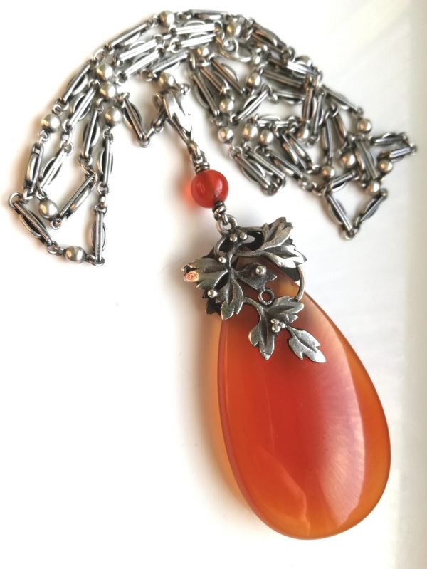 Amy Sandheim c1930 Beautiful Arts and Crafts foliate pendant with carnelian-original chain with toggle fastener