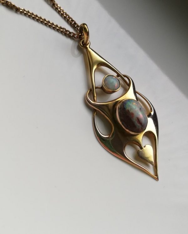 English Art Nouveau c1900 gold and opals pendant with whiplash lines and heart motif