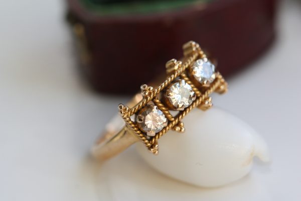 Sensational18ct gold and diamond trilogy Arts and Crafts / Aesthetic gothic ring - surely unique!