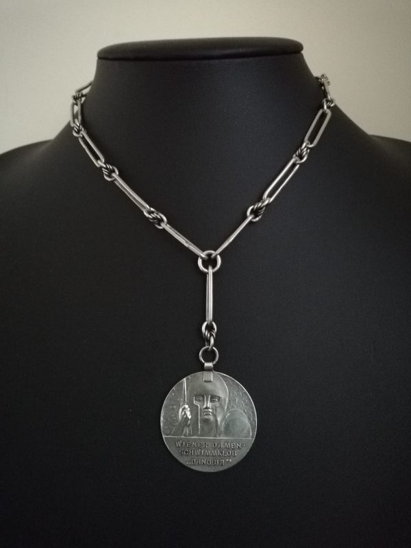 c1910 Viennese Seccession medal / pendant on Victorian trombone link silver chain