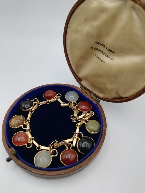 c1850 Victorian high carat gold and agate dangles bracelet- rare indeed, antique box included