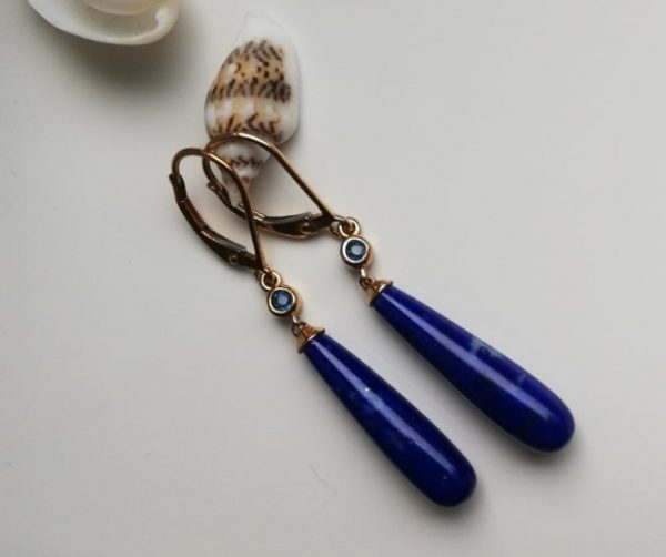 Antique 9ct gold, sapphire and lapis lazuli torpedo drop earrings c1910 - beautiful blues!