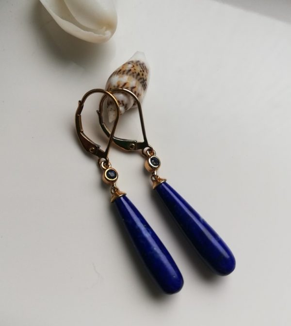 Antique 9ct gold, sapphire and lapis lazuli torpedo drop earrings c1910 - beautiful blues!