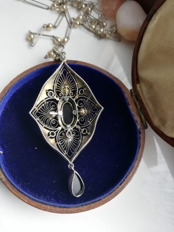 Theodor Fahrner signed c1920 Jugendstil pendant with enamel, pearls, onyx and opal doublets