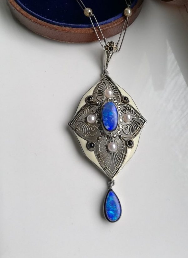 Theodor Fahrner signed c1920 Jugendstil pendant with enamel, pearls, onyx and opal doublets