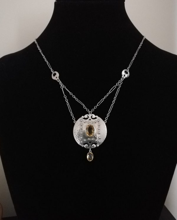 Murrle Bennett signed c1900 Jugendstil / Arts and Crafts necklace in silver, gold and citrine with original chain and toggle fastener