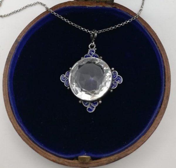 Rare c1900 Arts and Crafts rock crystal, blue enamel and silver pendant -perhaps Birmingham School