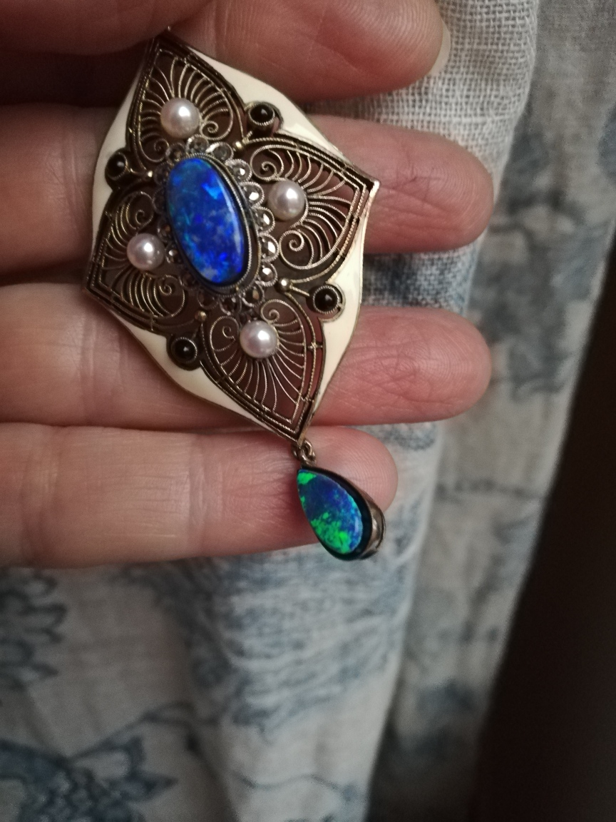 Theodor Fahrner signed c1920 Jugendstil pendant with enamel, black opal doublets, pearls and onyx Theodor Fahrner signed c1920 Jugendstil pendant with enamel, black opal doublets, pearls and onyx