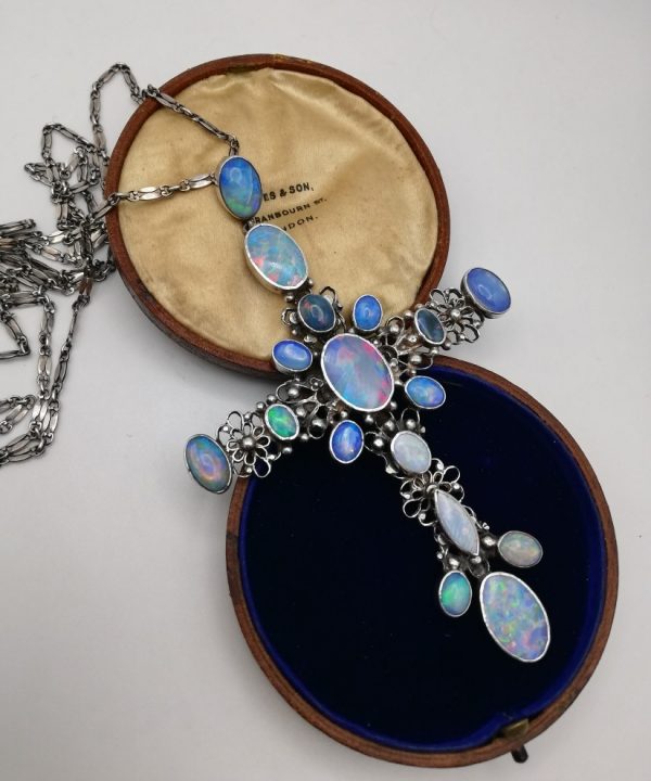 Amy Sandheim c1925 sensational opals Arts and Crafts statement pendant on original sautoir chain