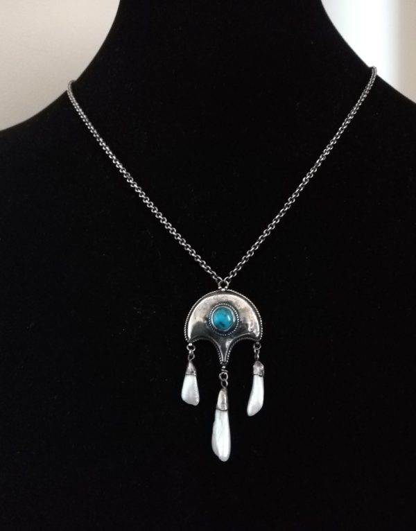 c1900 RARE hand crafted Arts and Crafts pendant necklace in sterling silver with turquoise and river pearls