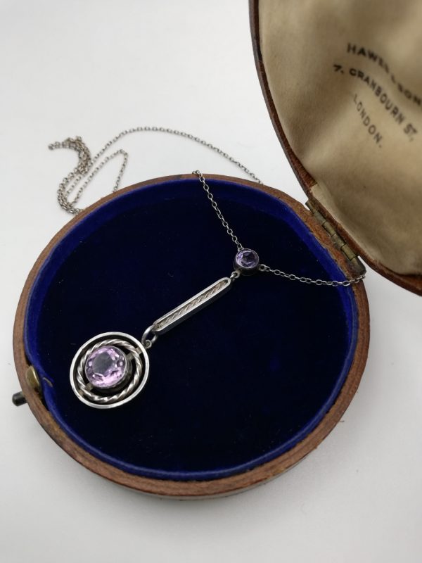 Arts and Crafts c1910 sterling silver and amethyst drop negligee lavalier necklace with light, bright amethysts