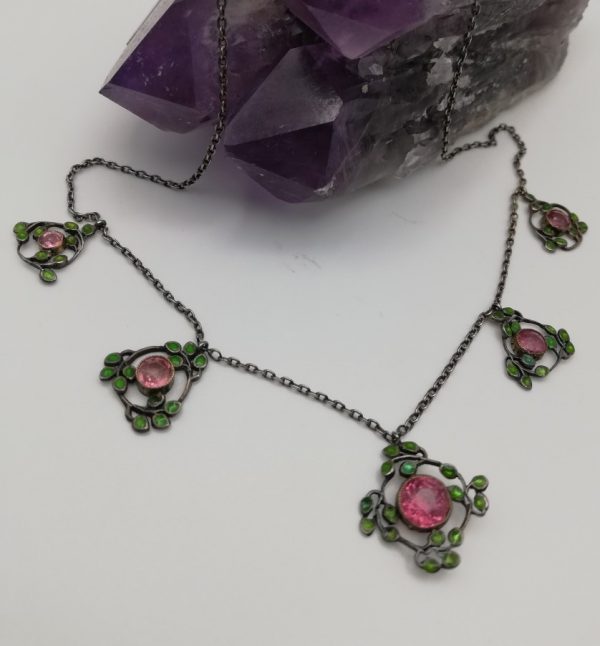 Jessie Marion King for Liberty & Co c1905 incredibly rare green enamel and pink tourmalines necklace in silver and gold