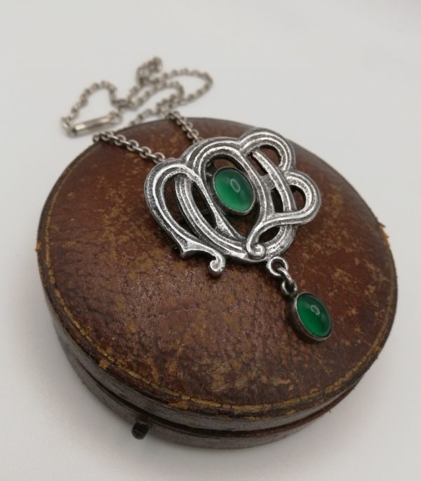 c1900 Murrle Bennett Art Nouveau company logo pendant, intertwined letters in silver and chrysoprase with barrel clasp chain
