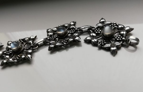 Arts and Crafts c1930 gorgeous square foliate panels silver bracelet with moonstones
