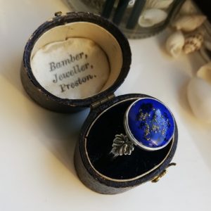 Bernard Instone signed rare 1930s midnight blue enamel plaque Arts and Crafts foliate ring with double band