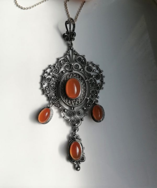 c1900 antique Italian (Peruzzi unsigned) triple drop filigree pendant in 800 silver with four glowing agates