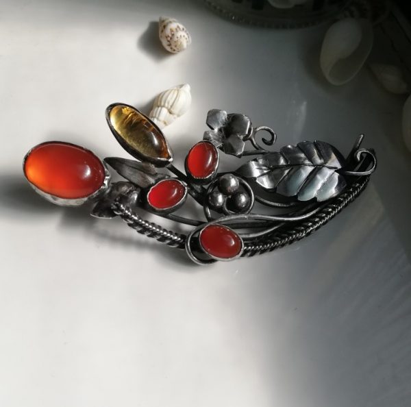 Eye-popping antique Arts and Crafts brooch with citrine and carnelians-possibly Mary Thew
