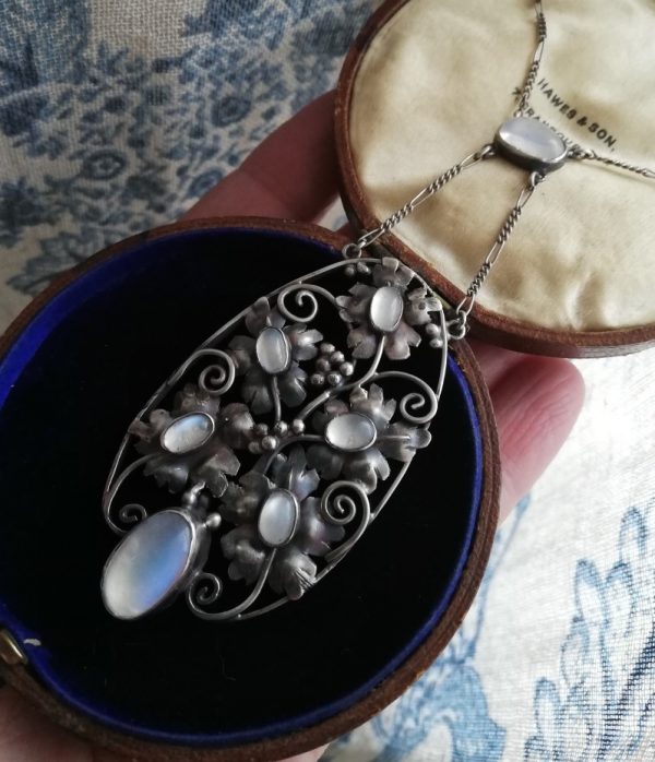 c1900 Arts and Crafts silver flowers and moonstones necklace with large central plaque
