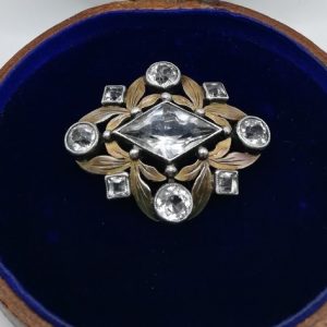 Sibyl Dunlop signed, fabulous Arts and Crafts brooch in silver, gold and rock crystal