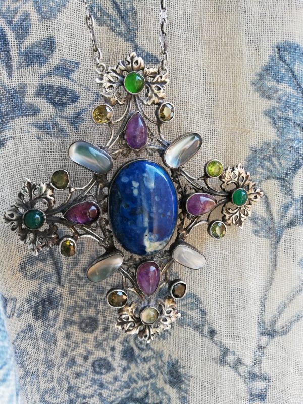 Amy Sandheim c1925 sensational mixed gems hand wrought Arts and Crafts statement pendant necklace-huge!