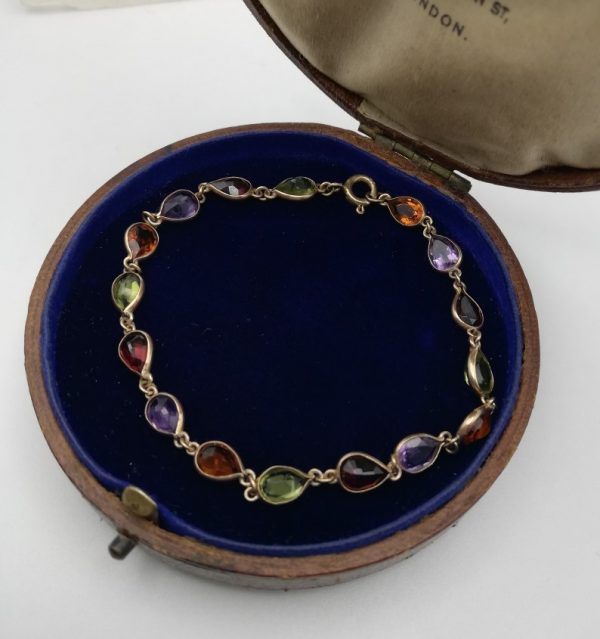 Antique Victorian c1890 Harlequin mixed gems bracelet in 9ct yellow gold - 16 stones!
