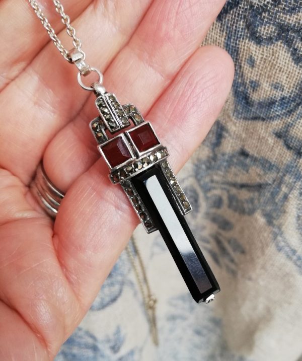 Theodor Fahrner Art Deco c1929 'Evening Jewellery' range pendant in silver, with onyx, carnelian and marcasite