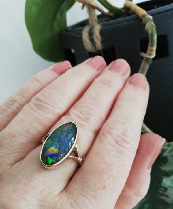 Statement 9ct gold and impressive Black Opal triplet ring with super fiery opal