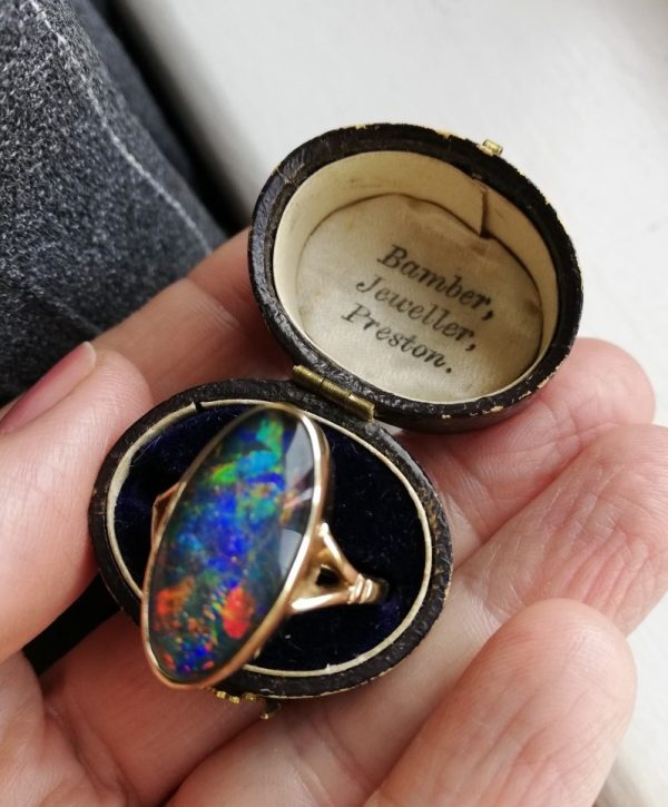 Statement 9ct gold and impressive Black Opal triplet ring with super fiery opal