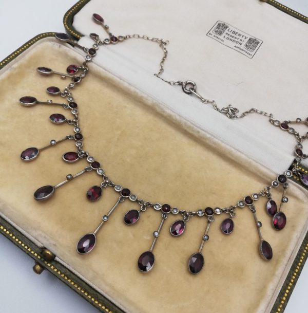 Antique Edwardian garnets and seed pearls fringe necklace in silver gilt c1910