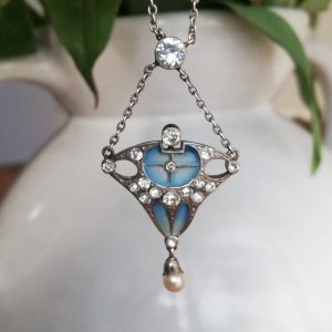 Jugendstil c1900 plique-a-jour and silver pendant necklace with sparkling pastes
