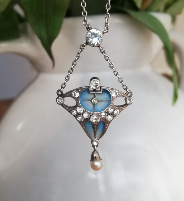 Jugendstil c1900 plique-a-jour and silver pendant necklace with sparkling pastes