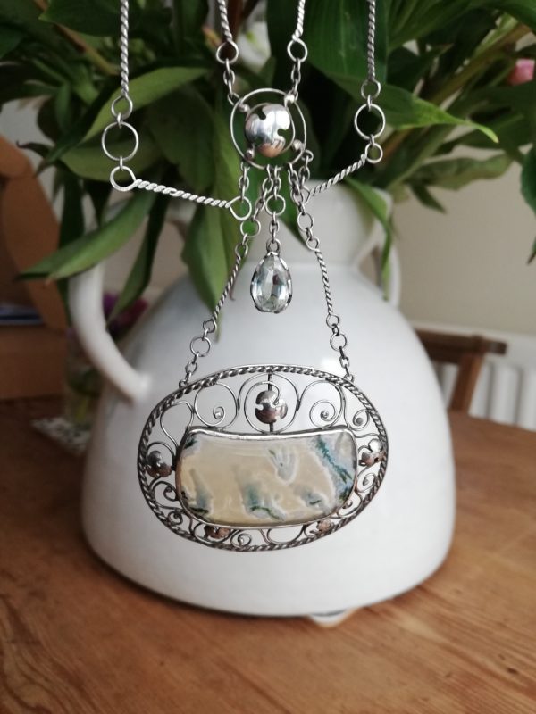 Arts and Crafts festoon necklace c1905 attr Mary Thew, Glasgow Girls -statement piece in silver, aquamarine and moss agate