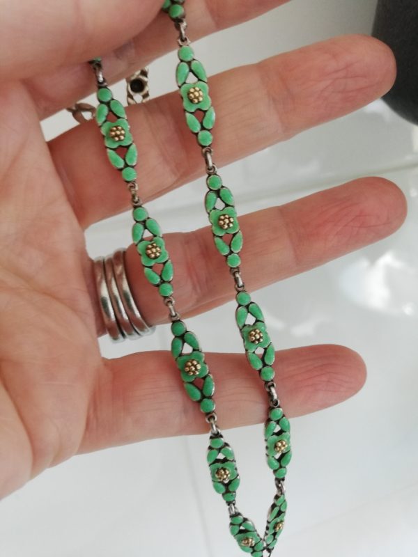 Bernard Instone 1920s rarer pastel green enamel and gold flowers necklace