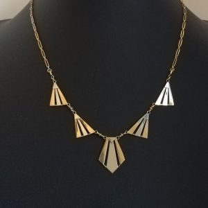 French Art Deco 18ct yellow and white gold Drapery necklace in geometric fan design