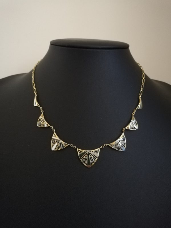 French Art Deco 18ct yellow and white gold Drapery necklace in filigree shield design