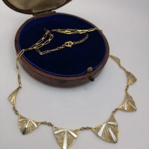 French Edwardian c1910 18ct yellow and white gold Drapery necklace in filigree shield design