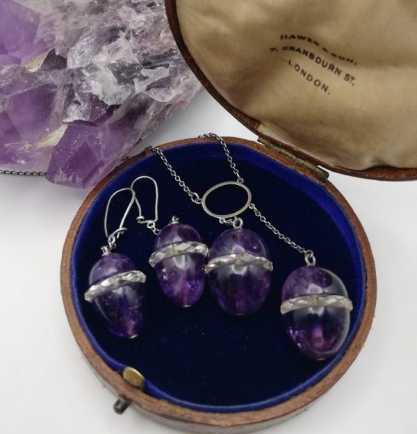 Edwardian rare demi-parure c1910 amethyst and rock crystal egg lavalier and matching earrings