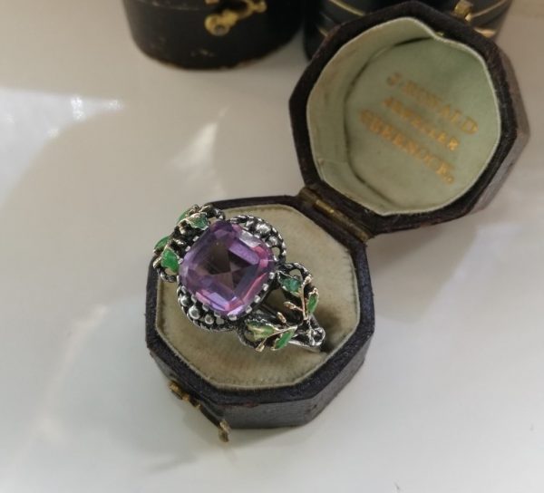 Kate Eadie c1908 unique Suffragette Arts and Crafts ring in silver, gold, enamel and amethyst