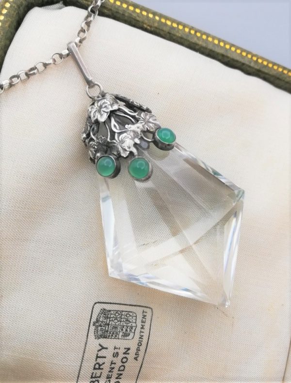 Amy Sandheim attr c1920s large faceted rock crystal silver foliate pendant with chrysoprase