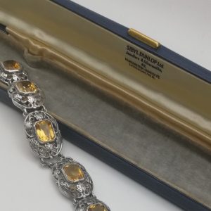 Sibyl Dunlop signed Arts and Crafts silver citrines foliate statement bracelet in original box