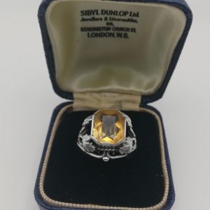 Sibyl Dunlop 1930s Arts and Crafts silver foliate statement ring with large citrine in original box