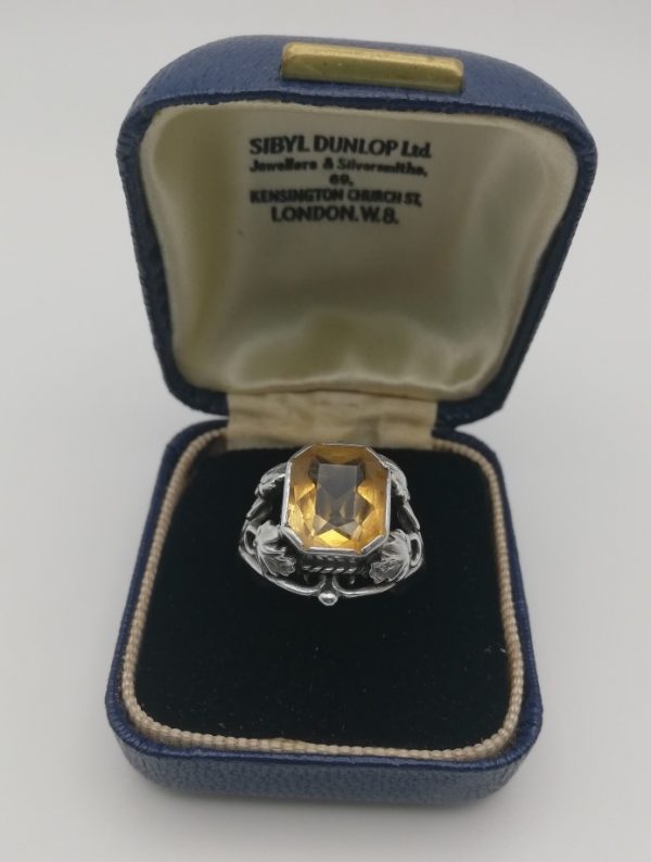 Sibyl Dunlop 1930s Arts and Crafts silver foliate statement ring with large citrine in original box