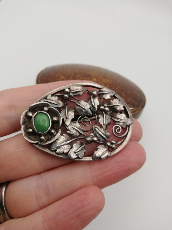 Arts and Crafts hand wrought brooch c1900 in sterling silver with turquoise