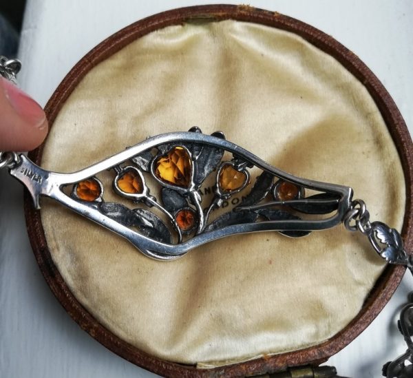 c1920s Arts and Crafts silver foliate bracelet with honey citrines attr Edith Linnell