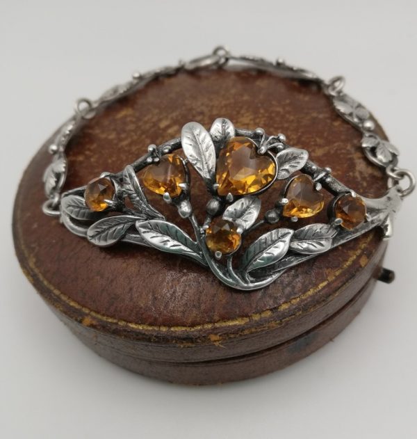 c1920s Arts and Crafts silver foliate bracelet with honey citrines attr Edith Linnell