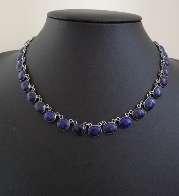 Edwardian c1910 rare lapis 35 spectacle-set lapis lazuli stones riviere necklace in silver