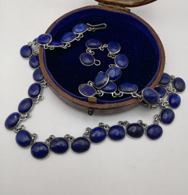 Edwardian c1910 rare lapis 35 spectacle-set lapis lazuli stones riviere necklace in silver